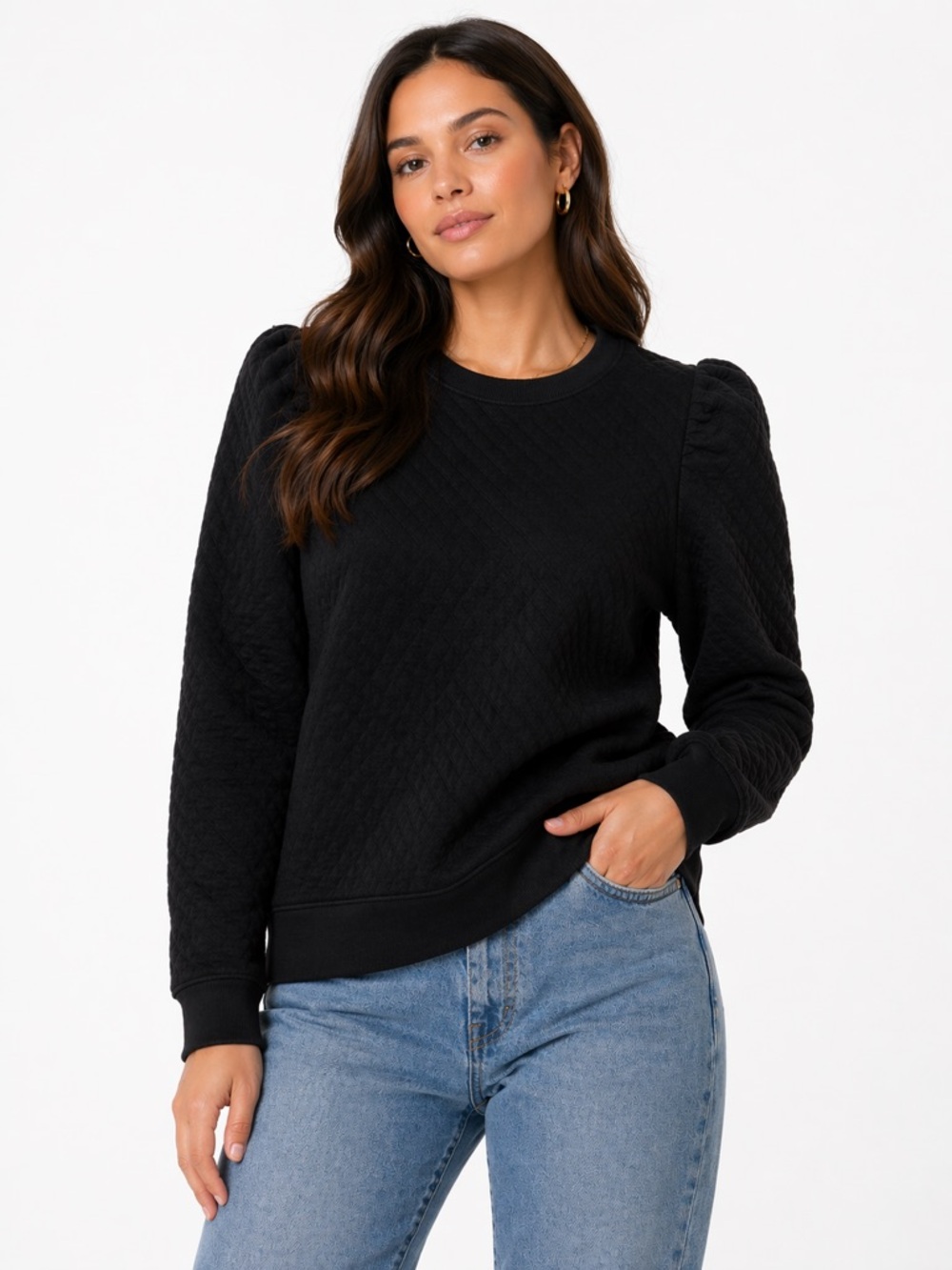 Crown & Ivy Size Large Quilted Black Crewneck Sweatshirt Puff Sleeve